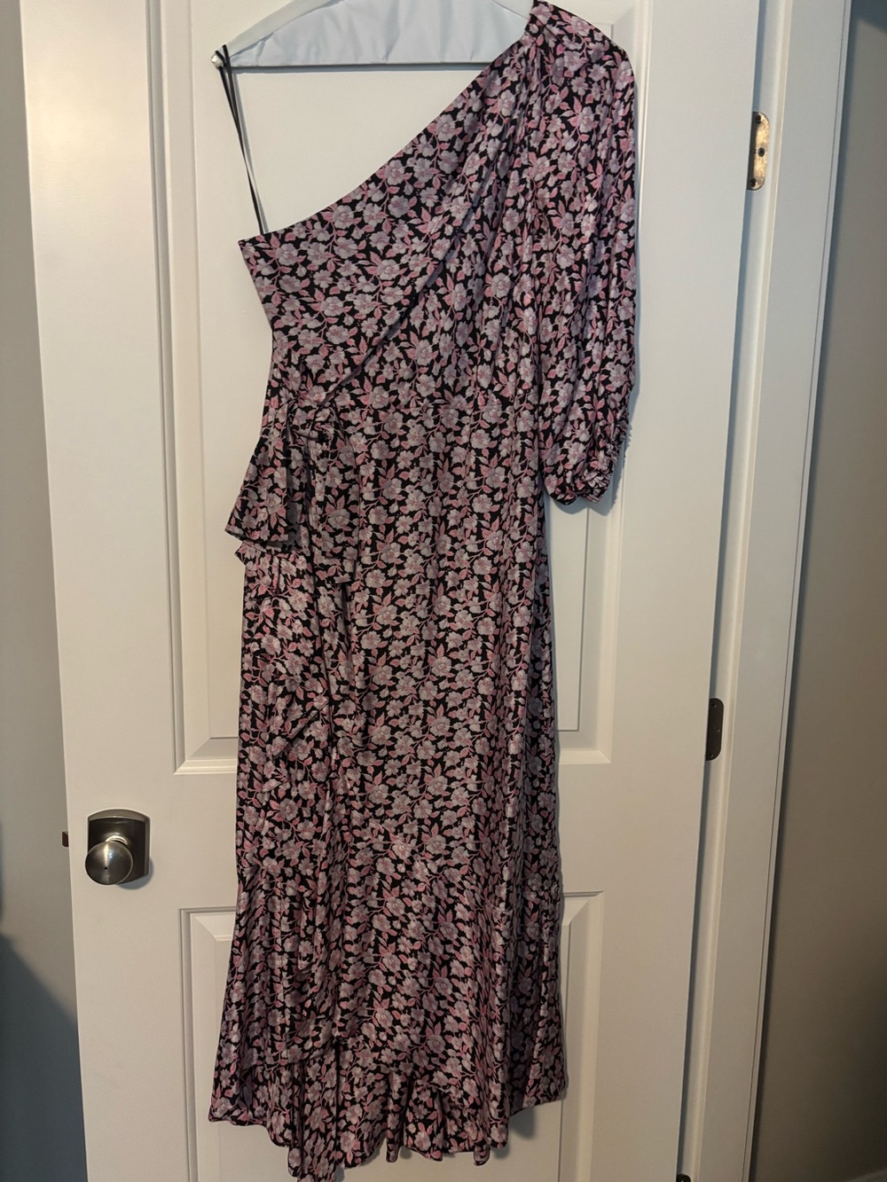 J. Crew One-Shoulder Floral Midi Dress in Pink and Black